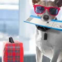 Chien avec lunettes de soleil et billet d'avion, prêt pour le voyage. Il attend peut-être la fin de la quarantaine animaux Canada.