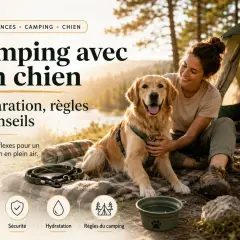 Une femme et son golden retriever profitent d'un moment de camping. Le chien est heureux, la femme le caresse. Le texte parle de préparation et règles pour le camping toutou.
