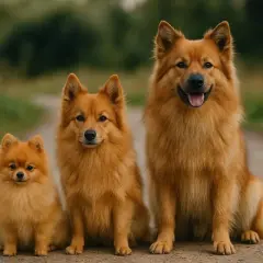 Trois chiens de race spitz moyen, de tailles différentes, posent sur un chemin. Le plus petit est un chiot, le moyen et le plus grand sont des adultes.