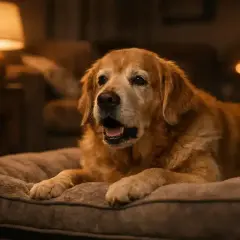 Un vieux chien golden retriever, allongé sur son coussin, semble avoir un petit chien qui tousse. La lumière tamisée d'une lampe crée une atmosphère chaleureuse.
