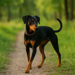 Un pinscher moyen, noir et feu, se promène sur un sentier boisé, le regard alerte.