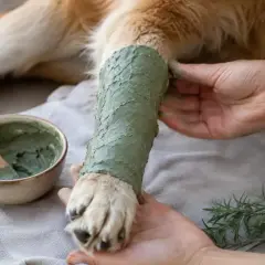 Un chien reçoit un soin apaisant avec de l'argile verte appliquée sur sa patte. Un bol d'argile et une cuillère en bois sont à proximité.