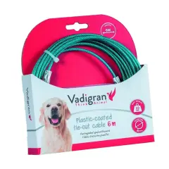 Câbles et piquets d'attache pour chiens : un câble de 6m, plastifié, pour attacher votre chien en toute sécurité. Supporte jusqu'à 23kg.