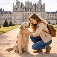 Une jeune femme profite d'une visite château avec son chien, un golden retriever, dans les jardins.