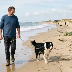 Un homme et son chien profitent d'une promenade sur une plage autorisée aux chiens 44. Le soleil brille, les vagues caressent le sable.