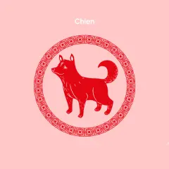 Illustration d'un chien rouge stylisé dans un cercle ornemental, sur fond rose pâle. Le mot "Chien" est inscrit en haut. L'année de chien est célébrée.