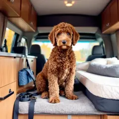 Un adorable chien est assis dans un camping-car, prêt pour l'aventure.