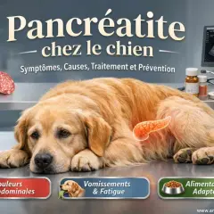 Chien souffrant de pancréatite, ne mange pas. Douleurs abdominales, vomissements, fatigue. Échographie pancréatique. Alimentation adaptée.