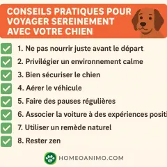 Conseils pour un chien stressé en voiture : ne pas nourrir avant, calmer l'environnement, sécuriser, aérer, faire des pauses, expériences positives, remède naturel, rester zen.