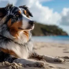 Un magnifique chien au pelage tricolore se repose sur une plage de sable fin, contemplant l'océan. Une question se pose : à quel âge emmener son chiot à la mer pour une première expérience ?