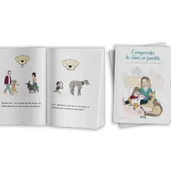 Illustrations d'un livre pour apprendre à communiquer avec son chien. Une famille interagit avec des chiens, abordant la compréhension mutuelle.