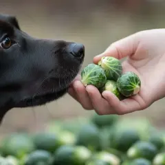 Un chien noir renifle avec curiosité des choux de Bruxelles dans une main.