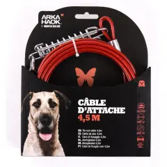 Câble d'attache rouge de 4,5m pour gros chien, avec mousquetons robustes et ressort amortisseur. Idéal pour sécuriser votre compagnon.