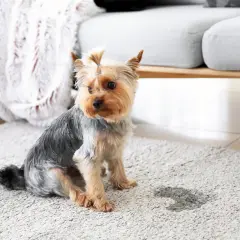Petit Yorkie assis sur un tapis, une tache d'urine à côté. Il fait pipi comme une femelle, quel petit coquin !