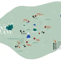 Carte stylisée du tracé du Tour du Mont Blanc, avec refuges, cols et villes.