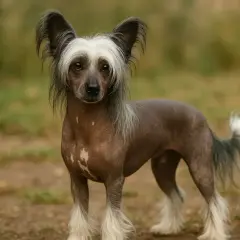 Un chien chinois au poil rare, avec de grandes oreilles et une crinière blanche, se tient dans un champ herbeux.