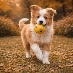 Adorable border collie chiot 2 mois, tout fier avec sa balle jaune dans la gueule, court dans un parc automnal.