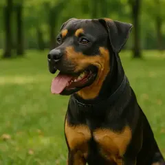 Un magnifique Rottweiler, au poil croisé, profite d'une journée ensoleillée dans un parc verdoyant.