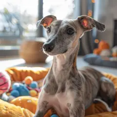 Un jeune lévrier whippet aux yeux pétillants est allongé sur un coussin orange, entouré de jouets colorés.