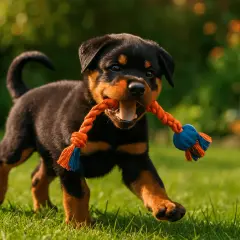 Un adorable bébé rottweiler court sur l'herbe, tenant un jouet à corde orange et bleu dans sa gueule.