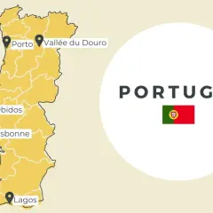 Carte du Portugal avec des points d'intérêt : Porto, Vallée du Douro, Obidos, Lisbonne, Lagos. Un chien portugal pourrait y courir !