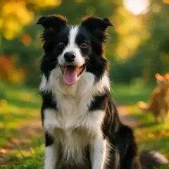 Un border collie attentif, prêt pour l'éducation, observe un chat roux dans un parc ensoleillé.