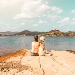 Une femme et son chien profitent d'une vue paisible sur un lac. Un moment de complicité au bord de l'eau, parfait pour un lac pour chien.