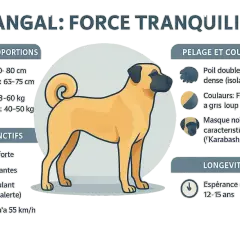 Le Kangal, un chien puissant et imposant, peut sembler dangereux mais est décrit comme calme. Il a un pelage fauve pâle, un masque noir et une queue enroulée.