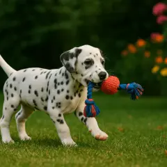 Un adorable dalmatien chiot joue avec une balle rouge et bleue dans l'herbe verte.