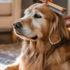 Un golden retriever se fait brosser la tête avec un **démêloir chien**. La lumière du soleil illumine son pelage doré.
