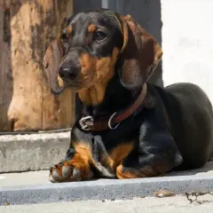 Un adorable teckel à poils ras, au pelage noir et feu, se repose paisiblement sur des marches en pierre, profitant du soleil.