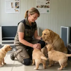 Une femme interagit avec une mère Golden Retriever et ses chiots. Une belle scène pour comprendre comment devenir éleveur de chien.
