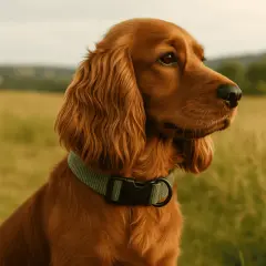 Un adorable chiot cocker roux, portant un collier vert, observe attentivement le paysage champêtre.