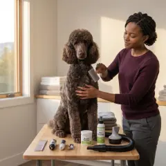 Une femme brosse un caniche brun sur une table, entourée d'accessoires de toilettage pour chien, dont un sèche-cheveux et des produits pour les oreilles.