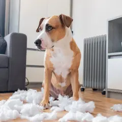 Un chien pitbull, l'air coupable, assis au milieu de peluches déchirées. Que faire avec un chien destructeur ?