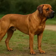Un majestueux chien Tosa, au pelage fauve, se tient fièrement sur l'herbe, le regard tourné vers l'horizon.