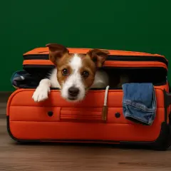 Un adorable Jack Russell est prêt à voyager dans une valise orange. Les chiens sont-ils bien acceptés au Portugal ? Ce petit compagnon semble impatient de le découvrir !