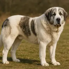 Majestueux chien de garde, digne des montagnes des Pyrénées, se tient sur une prairie.