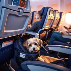 Un adorable chien dans son sac de transport, prêt pour prendre l'avion avec son maître.