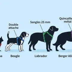 Chihuahua, Beagle, Labrador, Berger Allemand : quel harnais pour chien choisir ? Illustration montrant différents modèles de harnais adaptés à chaque race.