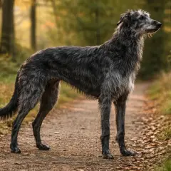 Un majestueux lévrier écossais, silhouette élancée, se tient sur un sentier forestier baigné de lumière automnale.
