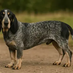 Un magnifique basset bleu de Gascogne, au pelage moucheté et aux longues oreilles tombantes, se tient fièrement sur un chemin de terre.