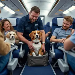 Un membre d'équipage aide des passagers avec leurs chiens à bord d'un avion. Un chien est dans un sac de transport, un autre est sur les genoux d'une passagère. Voyage en **air caraïbes chien**.