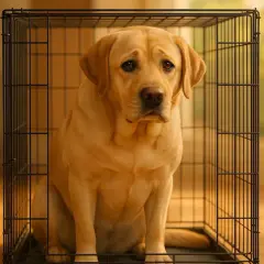 Un labrador blond, l'air un peu triste, est assis dans une cage pour labrador.