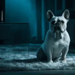 Bouledogue français assis sur un tapis moelleux, l'air anxieux dans la pénombre. Une crise d'angoisse nocturne pour ce chien.
