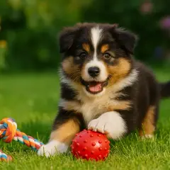 Un adorable berger australien bébé joue avec une balle rouge et une corde colorée sur l'herbe verte.