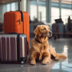 Un chien golden retriever attend patiemment à l'aéroport Charles de Gaulle, à côté de deux valises.