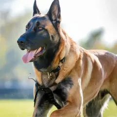 Malinois athlétique, prêt à l'action, porte un collier et un harnais robustes. Son regard vif et sa langue pendante témoignent de son énergie.