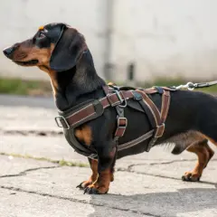 Teckel noir et brun porte un harnais confortable, un accessoire teckel parfait pour les promenades.