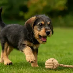 Un jeune griffon nivernais, tout excité, joue avec une corde dans l'herbe.
